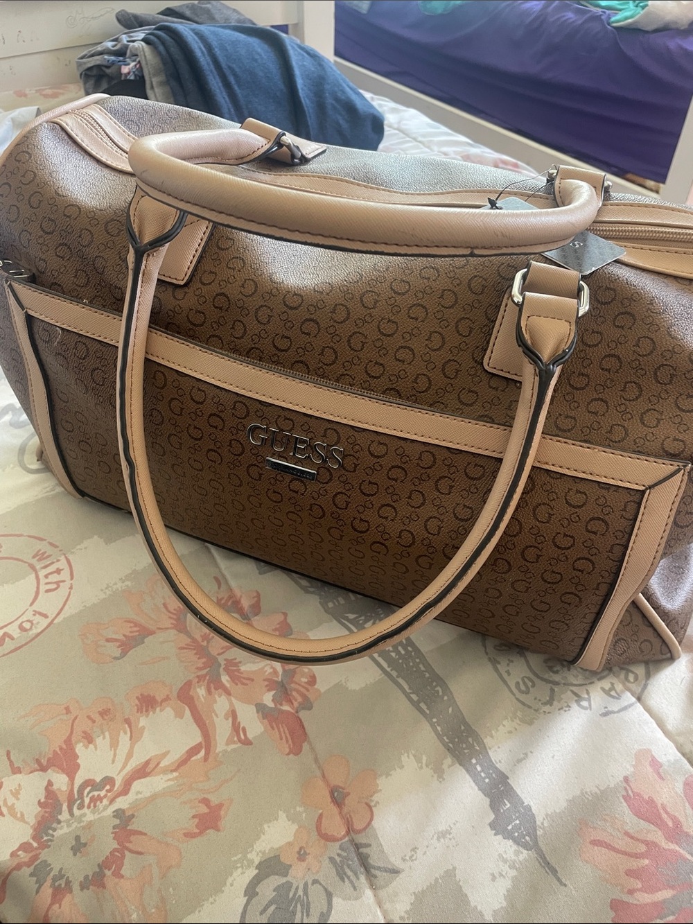 GUESS Brown Monogram Duffle with Beige Trim